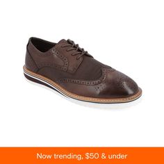 in stock Casual Brown Wingtip Dress Shoes, Casual Brown Dress Shoes With Perforated Toe Box, Brown Synthetic Lace-up Oxfords, Brown Cushioned Dress Shoes With Round Toe, Brown Low-top Dress Shoes For Work, Brown Dress Shoes With Cushioned Footbed And Round Toe, Brown Cushioned Round Toe Dress Shoes, Synthetic Brogue Oxfords With Plain Toe, Masculine Oxford Dress Shoes With Round Toe