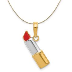 14k Yellow Gold, White Rhodium Enamel Red Lipstick Necklace Lipstick Necklace, Bow Jewelry, Disc Pendant, Red Lipstick, Small Pendant, Shell Pendant, Jewelry Companies, Black Bow, Gold Plated Silver