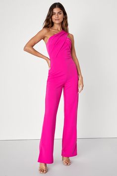 Hot Pink Jumpsuit - One-Shoulder Jumpsuit - Sleeveless Jumpsuit - Lulus Pageant Interview Outfit Miss, Pink Jumpsuits Outfit, Buisness Attire, Pink Suits Women, Hot Pink Jumpsuit, Pageant Interview Outfit, Jumpsuit Wedding Guest, Hot Pink Jumpsuits, Pageant Interview