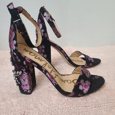 Sam Edelman Floral Yaro 2 Ankle Block Heels Crystal Beads Bee And Drangon Fly. Size 6.5 Black Cherry Blossom Print New Without The Box. Retail $160 Heel Height 4" Purple Block Heel Shoes For Night Out, Purple Block Heel Heels For Night Out, Purple Ankle Strap Heels For Night Out, Purple Block Heel Shoes With Medium Width, Purple Block Heel Shoes With Heel Strap, Purple Block Heel Medium Width Heels, Purple Block Heels With Heel Strap, Purple Block Heel Party Heels, Purple Block Heel Heels For Party