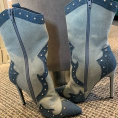 Reposhing This Item I Purchased From @Madisonleeee09. Unworn Like New Size 5 Spring Blue Boots With Rhinestones, Blue Rhinestone Boots For Spring, Denim Summer Boots, Fitted Denim Summer Boots, Fitted Denim Boots For Summer, Trendy Embellished Fitted Boots, Blue Rhinestone Boots For Fall, Trendy Blue Boots With Rhinestones, Fitted Denim Boots For Party