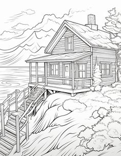 a drawing of a cabin by the water with stairs leading to it and trees on either side