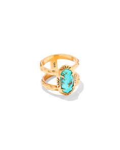 Our fan-favorite band ring goes on a trip out West in the Elyse Vintage Gold Etch Frame Band Ring in Variegated Turquoise Magnesite. Featuring our signature stone shape and an etched metal frame, this wear-anywhere statement is full of personality. This ring is a part of Yellow Rose by Kendra Scott—a brand that celebrates ranch life with Kendra Scott staples alongside select curated jewelry pieces and accessories. Metal Vintage 23k Yellow Gold Over Brass Material Variegated Turquoise Magnesite Size 0.7"L X 0.43"WDue to the one-of-a-kind nature of the medium, exact colors and patterns may vary slightly from the image shown. | Kendra Scott Elyse Vintage Gold Etch Frame Band Ring in Variegated Turquoise Magnesite | Variegated Magnesite/Metal | Size 7 Genstone Rings, Turquoise And Gold Jewelry, Gold And Turquoise Jewelry, Vintage Gold Cuff Bracelet, Pink Quartzite, Turquoise Jewelry Gold, Gold Turquoise Ring, Kendra Scott Ring, 2024 Jewelry