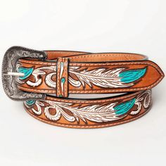 Belt - American Darling White Feather Hand Tooled & Painted Leather Belt ADBLF107 Feather Belt, Belt Ideas, Native American Regalia, Tooled Leather Belts, Western Store, Leather Ideas, White Feather, Cowgirl Western, Beaded Belt