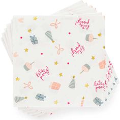 four napkins with happy birthday designs on them, one is white and the other has pink