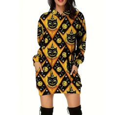 Premium Quality Womens Long Sleeve Halloween Scary Pumpkin Cat Allover Print Hooded Shirt Dress, Stunning Womens Dresses Ladies Party Wear, Party Wear For Women, Pumpkin Cat, Long Sleeve Fitted Dress, Scary Pumpkin, Cat Pumpkin, Long Sleeve Casual Dress, Hooded Dress, Red Cat