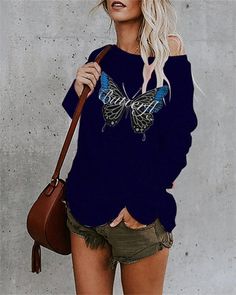 Casual Cotton-blend Shift Butterfly Print Shirts & Tops Blue Letter Print Shirt For Fall, Blue Shirt With Letter Print For Fall, Fall Blue Shirt With Letter Print, Blue Casual T-shirt For Fall, Casual Blue T-shirt For Fall, Elegant Party Dresses, White Dress Party, Tops Casual, Elegant Party