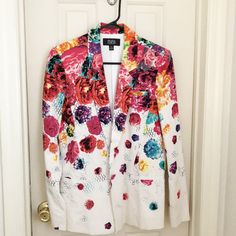 White Blazer With Bright Floral Crush Pattern From The Prabal Gurung For Target Collaboration. Never Worn. Note: The Price Tag Labels The Size As Small, But The Label On The Actual Blazer Is S/P (For Small/Petite). Spring Party Blazer With Floral Print, Multicolor Formal Spring Outerwear, Multicolor Formal Outerwear For Spring, Spring Formal Multicolor Outerwear, Fitted White Blazer With Floral Print, Floral Print Blazer, Prabal Gurung, Printed Blazer, White Blazer