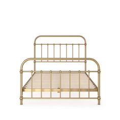 a gold metal bed frame with white sheets and pillows on the bottom, against a white background