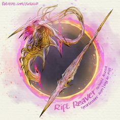 a drawing of a dragon with long hair and two swords in it's claws