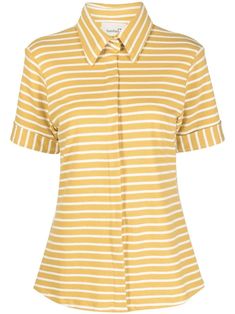 yellow cotton stripe print button-down collar short sleeves Classic Striped Short Sleeve Shirt For Spring, Short Sleeve Shirt With Striped Collar For Work, Summer Workwear Shirt With Contrast Stripes, Summer Work Shirt With Striped Collar, Yellow Collared Short Sleeve Shirt For Spring, Summer Workwear Shirt With Striped Collar, Striped Short Sleeve Shirt, Striped Short, Blouse Outfit