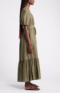 An optional waist tie and handy side pockets add modern elements to a billowy maxi dress rendered in a luxe blend of cotton and silk. 53" length (size Medium) Scoop neck Short sleeves Side-seam pockets Removable waist tie Cotton lining 80% cotton, 20% silk Machine wash, line dry Imported Nordstrom Cotton Spring Dress, Belted Maxi Dress For Daywear, Cotton Belted Maxi Dress, Cotton Maxi Dress With Tie Waist For Daywear, Beige Beach, Blouson Sleeve, Modern Elements, Silk Maxi, Silk Maxi Dress