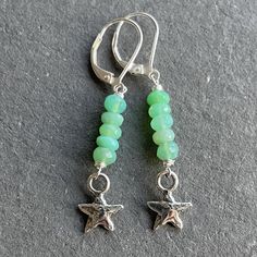 Bright beautiful faceted chrysoprase wired in sterling silver show off a sweet solid sterling silver artisan star. The approximate length is 1 7/8". The leverbacks shown are an upgrade. Please choose your earwire preference. Your jewelry will arrive beautifully giftboxed. Colorful Jewelry, Bead Earrings, Show Off, Boho Earrings, Cute Jewelry, Beaded Earrings, Old Things, Jewelry Making, Personalized Items