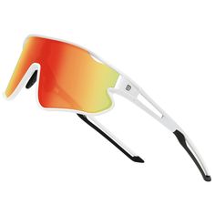 a pair of sunglasses with red and yellow mirrored lenses on the top, one is white