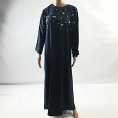 Tuncay F46 Women's Long Abaya Dress Beaded Embellished Scoop Neck Navy Blue Size M Length 55" Armpit To Armpit 22" Sleeve Length 21" Ep Long Sleeve Embellished Maxi Dress For Eid, Blue Sequined Kaftan For Eid, Modest Long Sleeve Blue Kaftan, Blue Long Sleeve Thobe For Party, Sequin Long Sleeve Abaya For Eid, Embroidered Blue Long Sleeve Abaya, Blue Embroidered Abaya For Party, Blue Long Sleeve Abaya For Party, Blue Embellished Long Abaya