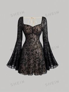 SHEIN MOD Women's Floral Mesh Sweetheart Neckline Dress With Flare Sleeves Halloween Clothes Fall Clothes | SHEIN USA Gothic Long Sleeve Dress, Bell Sleeve Dresses, Gothic Fitted Mini Dress For Halloween, Long Sleeve Corset Dress For Halloween Evening, Fitted Long Sleeve Corset Dress For Halloween, Gothic Corset Dress For Fall Party, Halloween Lace Corset Dress For Party, Halloween Party Lace Corset Dress, Halloween Lace Fitted Corset Dress