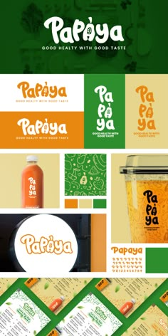 the menu for papaya is shown in green, orange and yellow colors with an image of