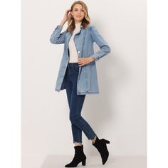 Add some elegance to your ensemble courtesy of this jacket that boasts a denim design and a long, flowing fit. It's cut with structured denim that has front pockets, a notched collar, and a belt at the waist. A wardrobe staple to see you through the season, it is an effortless look for any ensemble. Wear them on those tricky in-between-season days and pair them with straight-leg jeans and ankle boots. Long Denim Jacket, Denim Trench Coat, 90s Baggy, Classic Denim Jacket, Long Jeans, Denim Design, Trucker Jacket, Notched Collar, Denim Women