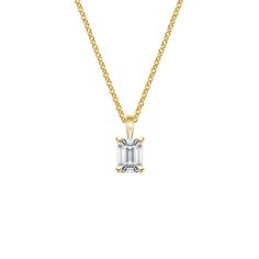 Single Bail Four Prong Pendant - 18K Yellow Gold. A beautiful diamond is accentuated in this elegant, classic four prong pendant. The pendant dangles gracefully from a delicate cable chain. Elegant Emerald Cut Diamond Necklace With Prong Setting, Classic Yellow Gold Emerald Cut Diamond Necklace, Classic Yellow Gold Diamond Necklace With Emerald Cut, Timeless Gold Solitaire Necklace With Emerald Cut, Classic Emerald Cut Diamond Necklace In Yellow Gold, Classic Gold Diamond Necklace, Classic Yellow Gold Solitaire Necklace With Emerald Cut, Classic 14k Gold Diamond Necklace With Baguette Cut, Elegant Gold Emerald Cut Solitaire Necklace