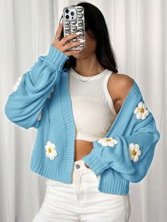 Casual 3D Floral Decor Lantern Sleeve Cardigan, Autumn Baby Blue Casual  Long Sleeve Fabric Floral,Plants  Non-Stretch Spring/Fall Women Clothing, size features are:Bust: ,Length: ,Sleeve Length: Lantern Sleeve Cardigan, Clothes Flower, Trending Items, Áo Len Cardigan, Cute Cardigans, Cute Outfits For School, Floral Cardigan, Drop Shoulder Sweaters, Fabric Floral