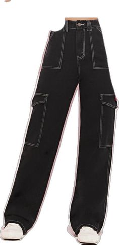 Trendy Black Cotton Pants, Black Trendy Relaxed Fit Cargo Pants, Trendy Black Relaxed Fit Cargo Pants, Trendy Black Cargo Pants, Trendy Black Cotton Cargo Pants, Chic Black Bottoms For Streetwear, Trendy Black High Rise Pants, Edgy Black Cargo Pants For Spring, Trendy High Rise Black Pants