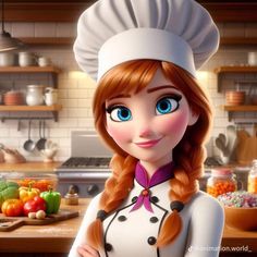 a cartoon character with long red hair and blue eyes wearing a chef's hat