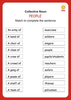 a red and white poster with words on it that say,'collective nun people match to complete the sentence