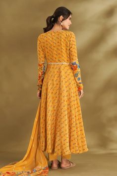 Dandelion yellow angarkha anarkali with floral buttis, ikat print and zari thread embroidery. Paired with narrow pant and gota lace border embroidered sheer dupatta. - Aza Fashions Traditional Long Sleeve Anarkali Set With Printed Motifs, Festive Anarkali Set With Printed Motifs And Long Sleeves, Festive Long Sleeve Anarkali Set With Printed Motifs, Bollywood Style Sharara With Long Sleeves And Printed Motifs, Bollywood Long Sleeve Sharara With Printed Motifs, Transitional Season Yellow Anarkali Set Traditional Drape, Long Sleeve Chanderi Sharara With Printed Motifs, Designer Long Sleeve Anarkali Set With Printed Motifs, Anarkali Salwar Kameez With Printed Motifs And Long Sleeves