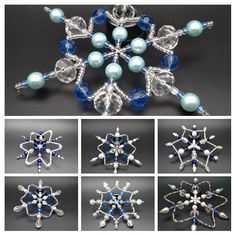 four different pictures of snowflakes with pearls and blue beads on the bottom one