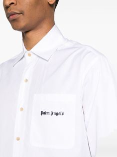 White shirt by PALM ANGELS characterized by embroidered logo on the front pocket, classic collar and button closure. This item is in size 46 and the color is Cotton Polo Shirt With Embroidered Logo, Collared Cotton Shirt With Logo Print, Cotton Collared Shirt With Logo Print, Collared Cotton Shirt With Logo, White Long Sleeve Tops With Logo Patch, White Long Sleeve Top With Logo Patch, White Long Sleeve Shirt With Embroidered Logo, Classic Cotton Shirt With Embroidered Logo, Classic Collared Shirt With Logo Print