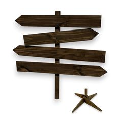 a wooden directional sign with three arrows pointing in opposite directions and an arrow pointing to the right