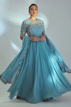 Anarkali Dress Half Sleeves, Types Of Anarkali Patterns, Anarkali Frock Design, Anarkali With Dupatta, Blue Anarkali, Printed Anarkali, Trendy Outfits Indian, Stitching Dresses