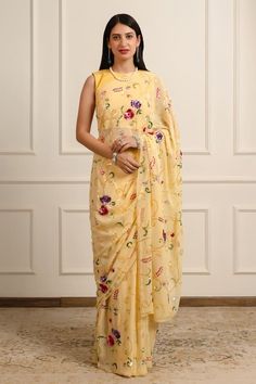 Mango yellow silk saree featuring floral embroidered with shell sequin. Comes with an unstitched blouse piece. - Aza Fashions Yellow Blouse Piece With Intricate Embroidery In Traditional Drape, Yellow Blouse Piece With Intricate Embroidery For Navratri, Yellow Blouse Piece With Intricate Embroidery, Yellow Saree With Intricate Embroidery For Eid, Yellow Embroidered Saree For Eid, Traditional Summer Pre-draped Saree With Zari Work, Yellow Semi-stitched Blouse Piece With Intricate Embroidery, Semi-stitched Yellow Blouse Piece With Intricate Embroidery, Yellow Dupatta With Floral Embroidery For Reception