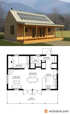 the floor plan for a small cabin with an attached porch and living room, as well as