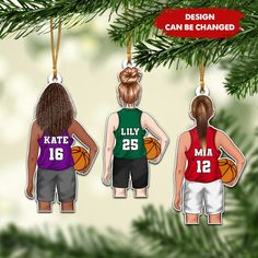 three ornament shaped like basketball players hanging from a christmas tree with the words, design can be changed