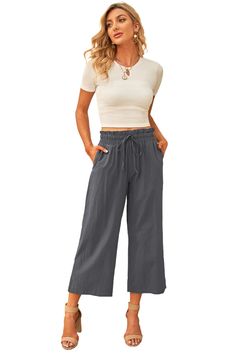 Gray Paperbag Waist Straight Leg Cropped Pants Casual Loose Fit Capris For Work, Casual Gray Wide Leg Pants, Casual High Waist Capris With Pockets, Casual Capris With Elastic Waistband For Fall, Casual High-waist Capris With Pockets, Casual Paperbag Waist Bottoms With Pockets, Baggy Wide Leg Pants With Pockets For Day Out, Casual Wide Leg Pants With Pockets For Day Out, Casual High Waist Capris For Fall