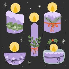 four candles with christmas decorations on them, one lit and the other decorated in purple