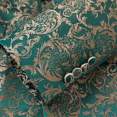 Fabric Material: 80% Polyester 20% Viscose Design One Button & Shawl Collar Package 1*Top-clothes + 1*Vest + 1*Pants Occasion Prom / Dinner / Red Carpet / Party / Wedding Embrace the glamour of a bygone period and steal the show in this men's three-piece vintage style gold damask jacquard green suit. This finely constructed suit adds a contemporary touch while paying homage to the classic elegance of old clothing.The gorgeous gold damask jacquard design that elegantly covers the lush green fabri Green And Gold Suit Men, Damask Style For Men, Gold Suit Men Wedding, Green And Gold Suit, Costume Vert, Masquerade Outfit, Green Tuxedo, Tuxedo Shirt Men, Prom Dinner