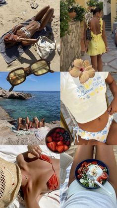 a collage of photos showing people on the beach and in bikinis, with strawberries