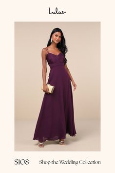 a woman in a long purple dress with the words shop the wedding collection on it