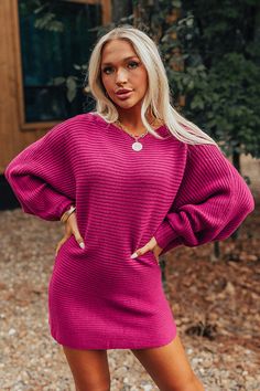 - This cozy sweater is bound to be your stylish go-to this season! - Unlined knit material with a ribbed texture - Long, loose sleeves with fitted cuffs - A relaxed silhouette that ends in a straight hemline Fall Chunky Knit Crew Neck Sweater Dress, Textured Knit Long Sleeve Sweater Dress, Winter Ribbed Sweater Dress With Crew Neck, Ribbed Crew Neck Sweater Dress For Winter, Cozy Long Sleeve Textured Sweater Dress, Winter Ribbed Crew Neck Sweater Dress, Cozy Textured Knit Long Sleeve Sweater Dress, Winter Knit Sweater With Balloon Sleeves, Knit Sweater With Balloon Sleeves For Winter