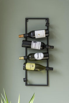 three bottles of wine are sitting on a metal shelf next to a potted plant