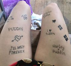 two people with tattoos on their legs that say puddin, i'll wait forever