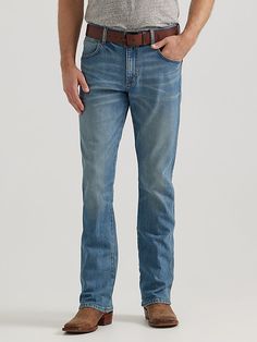 NOTHING BEATS AN ORIGINAL, BUT THIS MIGHT Since 1947, Wrangler® jeans have been a cowboy-approved wardrobe staple. Inspired by our Western heritage, these Wrangler® Retro® jeans combine our most iconic features with contemporary fits and washes. This updated classic features the same worn leather patch with our rope logo, 'W' stitching on the back pockets, and five-pocket styling. These men's slim bootcut jeans feature a streamlined silhouette through the seat, thigh, and knee, but the leg widen Straight Leg Denim Jeans For Ranch, Ranch-style Medium Wash Jeans With Five Pockets, Medium Wash Denim Jeans For Ranch, Rugged Denim Bottoms For Rodeo, Medium Wash Jeans For Ranch, Fitted Jeans With Five Pockets For Ranch, Fitted Straight Leg Jeans For Ranch, Medium Wash Jeans For Rodeo With Standard Cut Leg, Medium Wash Jeans With Five Pockets For Rodeo