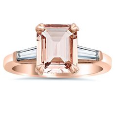 Customize this elegant emerald cut morganite engagement ring for your loved one! With two baguette diamond accents, this piece offers the perfect sparkle! Stone Wedding Rings, Peach Morganite Ring, Gold Bar Earrings Studs, 14k Rose Gold Wedding Ring, Diamond Three Stone Ring, Baguette Engagement Ring, Stackable Wedding Bands, Three Stone Engagement Ring, Engagement Ring Rose Gold