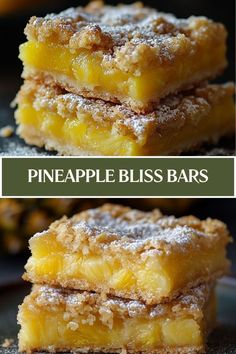 pineapple bliss bars stacked on top of each other with powdered sugar in the middle