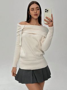 Women's Autumn And Winter Sweater, Elegant Commuting, Daily Casual, Simple And Fashionable Knitted Top, White Sweater, 1 Piece Off-Shoulder Long-Sleeved Simple Top, Metal Decoration, Casual Daily Wear White Casual  Wrist-Length Sleeve Knitwear Letter,Plain Pullovers Slight Stretch  Women Clothing, size features are:Bust: ,Length: ,Sleeve Length: Simple Top, Velvet Leggings, Winter Sweater, Knitted Top, White Sweater, Inspiration Mode, Winter Sweaters, White Casual, White Sweaters