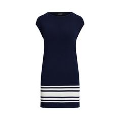 A navy-and-white two-tone design with a striped motif at the hem brings a nautical-inspired twist to this sweater dress while cap sleeves and a breezy shift silhouette make it the perfect style for transitional dressing. Transitional Dressing, Ralph Lauren Purple Label, Perfect Style, Jumper Dress, Trouser Jeans, Casual Sweatshirt, Jumpers And Cardigans, Jeans Denim, Formal Wear