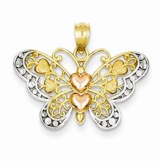 Metal: 14k Yellow & RhodiumLength:20 mmWidth:24 mmFinish: Diamond-cut, Polished, Open back, Textured, Textured backFree U.S. Shipping for orders over $99 Protected by our 30-Day Risk Free Returns! White 14k Gold Filigree Jewelry, Jewelry Words, Butterfly Pendant Necklace, Gold Models, Butterfly Jewelry, White Butterfly, Fancy Jewelry, Jewelry Design Necklace, Gold Butterfly