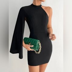 Bodycon Dress From Shein One Shoulder Longer Sleeve Brand New, Never Worn Dress From Shein, Dresses Shein, Bodycon Dress With Sleeves, Shein Dress, Sleeve Bodycon Dress, Black Halo, Shein Dresses, Cloak, Fashion Ideas